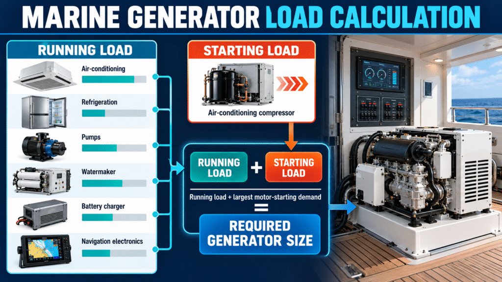What Size Marine Generator Do I Need? Complete kW Sizing Guide Marine generator load calculation showing running load and motor starting demand