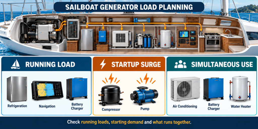 Sailboat generator load planning showing running loads